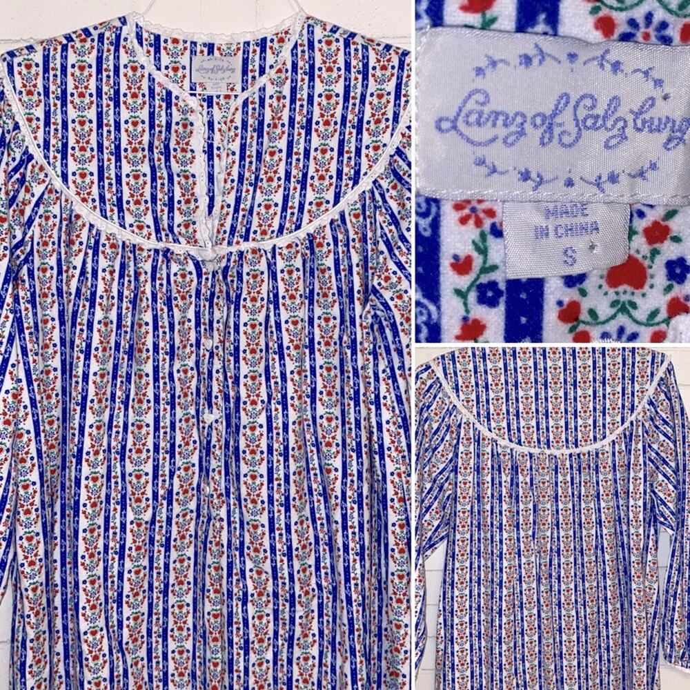 Lanz $79 Tyrolean Blue Grannycore 50 Inch Flannel Nightgown Womens Small EUC